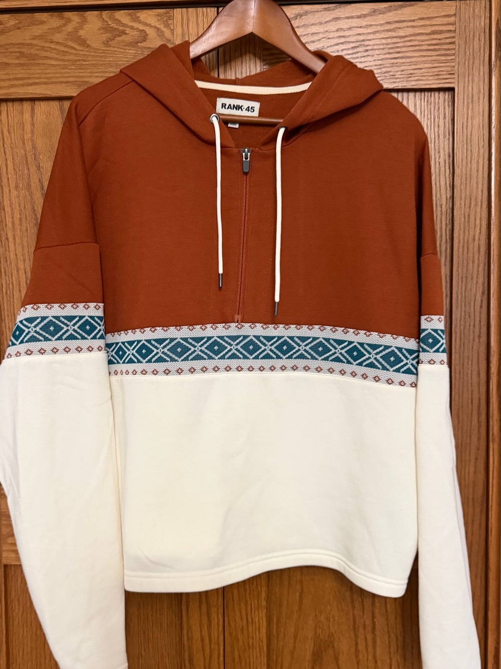 Rank-45 Women's Rust and Cream Hooded Pullover with Teal Accent